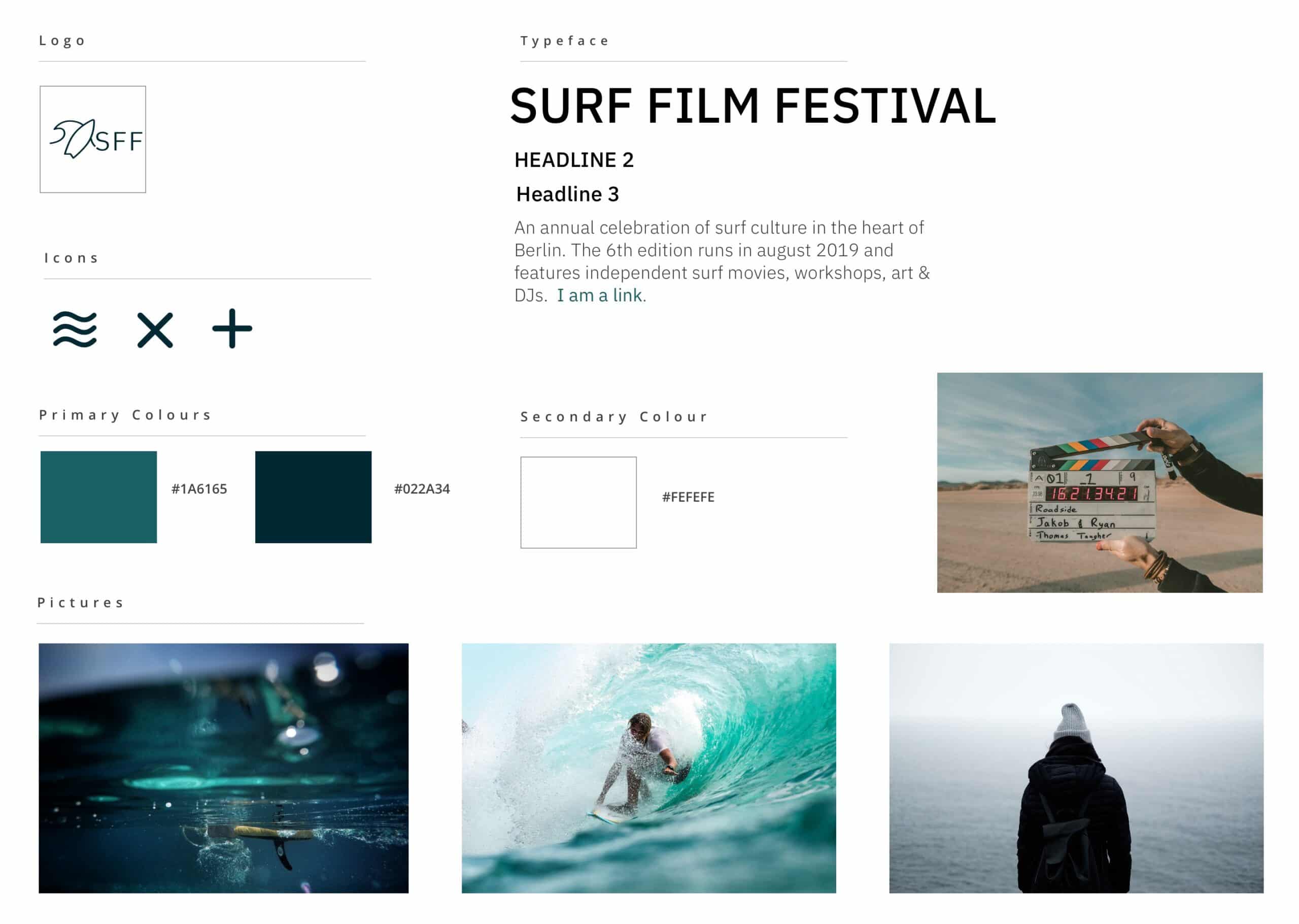 Picture shows icons, pictures and the logo of the surffestival website